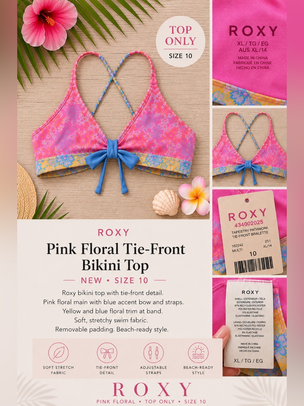 Roxy Pink Floral Tie-Front Bikini Top with Blue and Yellow Trim NEW M/10